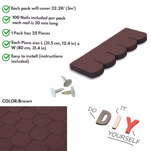 NOVECRAFTO Brown Fish Scales Design Premium Asphalt Roof Shingles, 25 Pieces Covering 3 sqm, W/H: 80 x 31.5 cm – 3