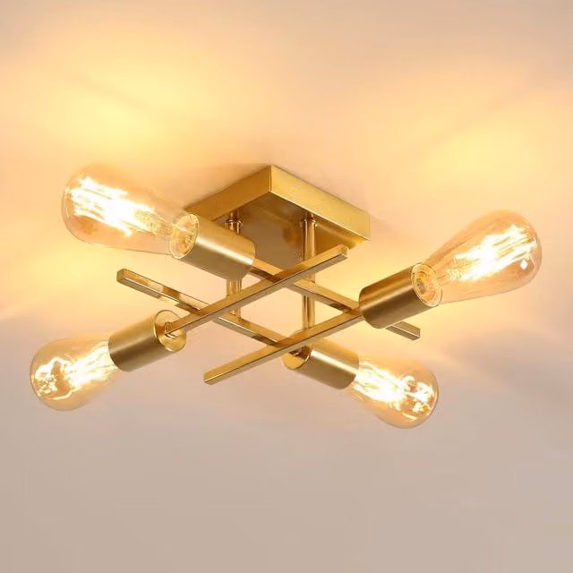 Goeco Industrial Metal Ceiling Light, 4-Light Vintage Square Chandelier in Gold/Brass with E27 Fitting