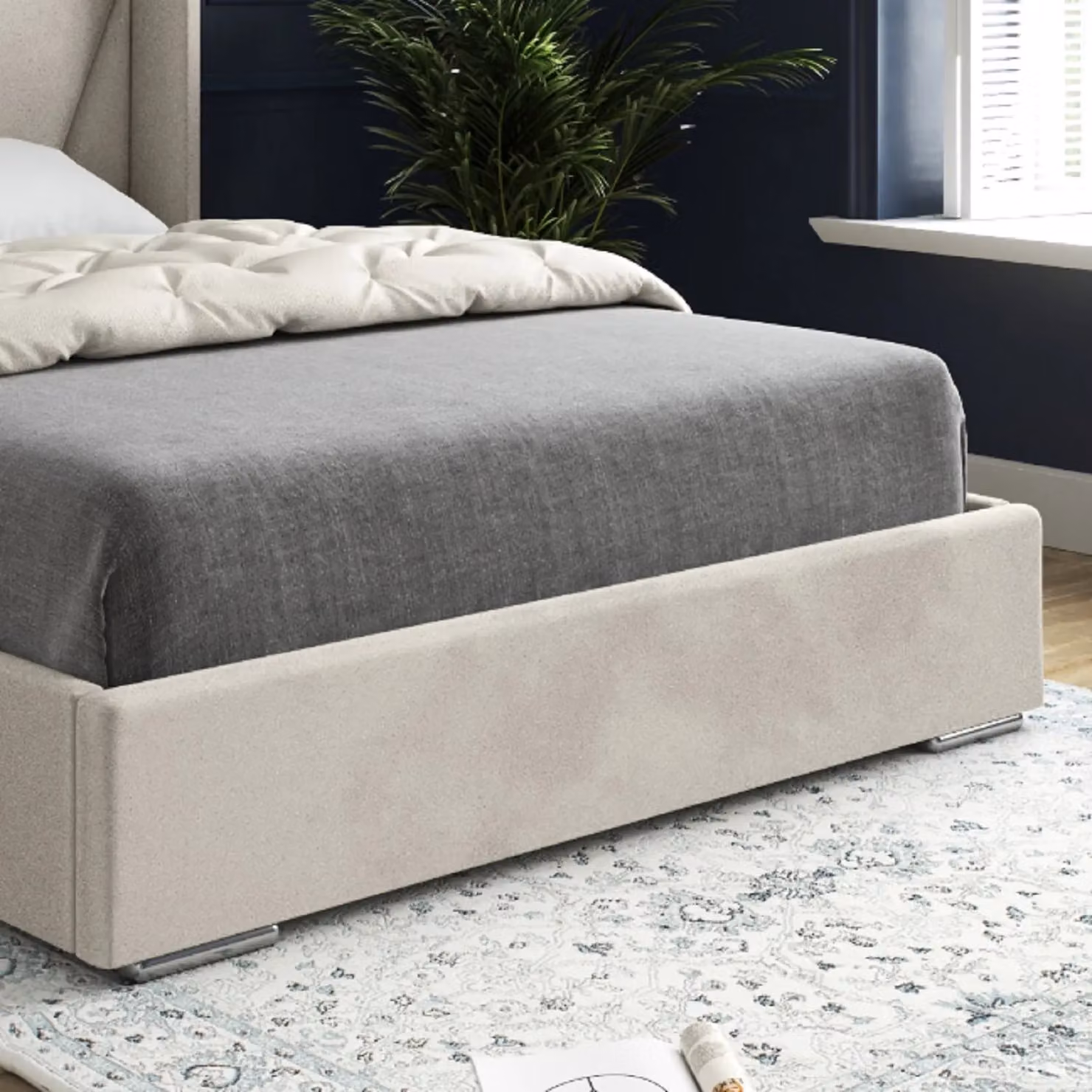 Casani Bellini Wide Curved Winged Upholstered Soft Velvet Bed Frame in Beige, Size: 140 x 200 cm – 3