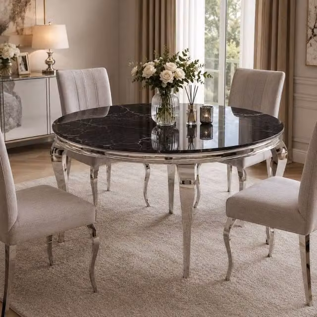 Stratus Interiors Louis Square Marble Top Dining Table with Black Architectural Metal Base, W/D: 100 x 100 cm – 1
