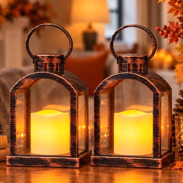Marco Paul Set of 2 Hanging Table Lanterns and LED Pillar Candles in Bronze – 1