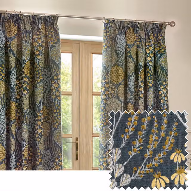 Wylder Ophelia Floral Blue Room Darkening Pencil Pleat Curtain Pair, Width: 229 cm, Drop: 229 cm