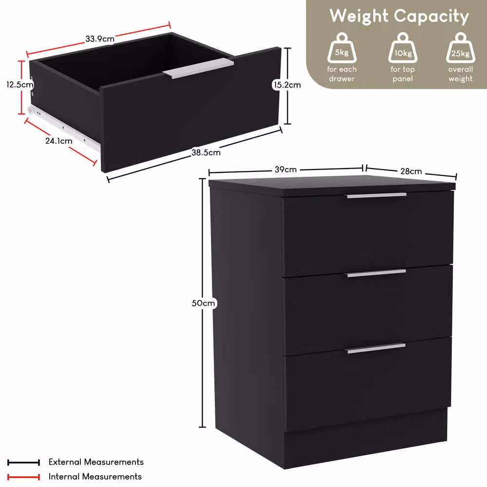 HD Designs Trega Set of 2 Three Drawer Bedside Chests in Black – 4