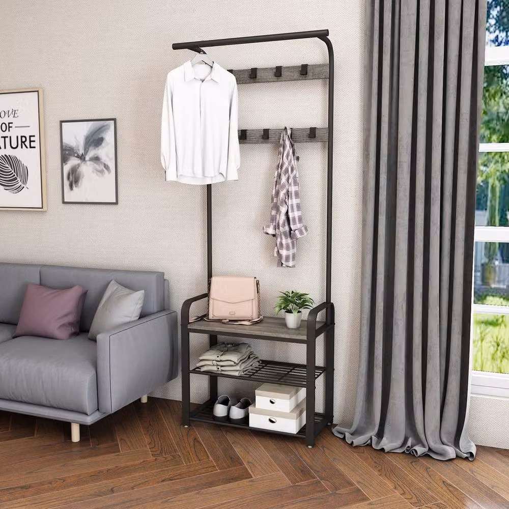 KORVIXA Industrial Hall Tree with Shoe Storage Bench in Matt Black Metal and MDF – 4