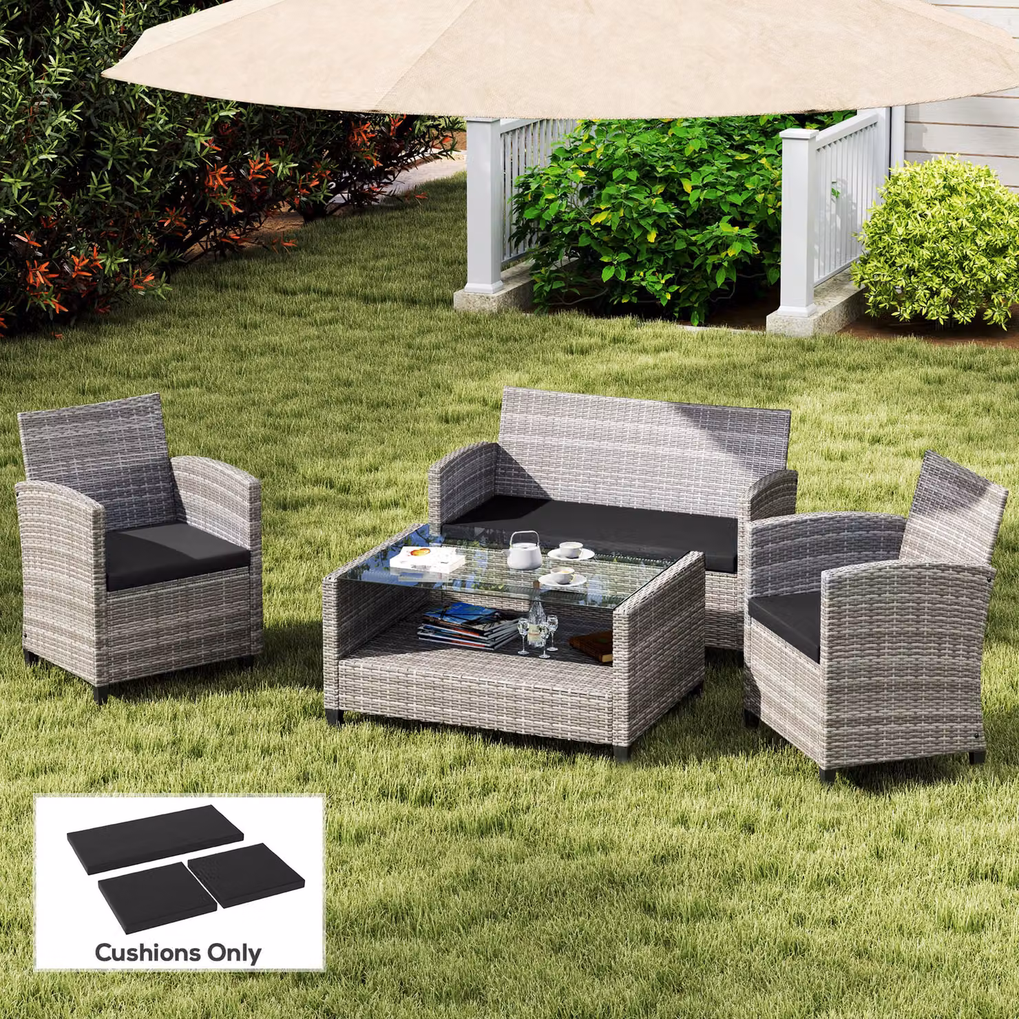 Outsunny Set of 3 Black Rectangular Outdoor Seat Cushion Pads for Rattan Furniture with Removable Washable Covers – 2
