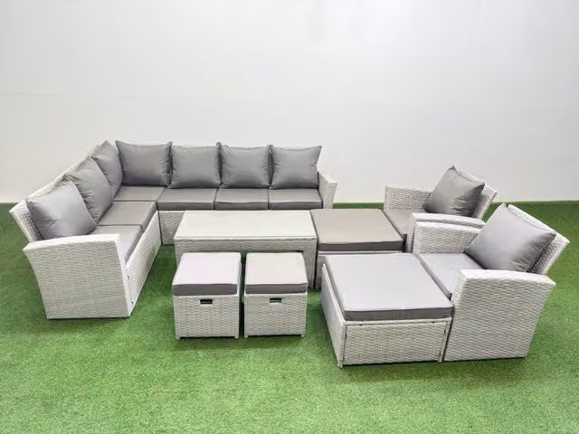 Fimous Outdoor 12 Seater L-Shape Corner Sofa Set in Light Grey with Armchair and Ottoman