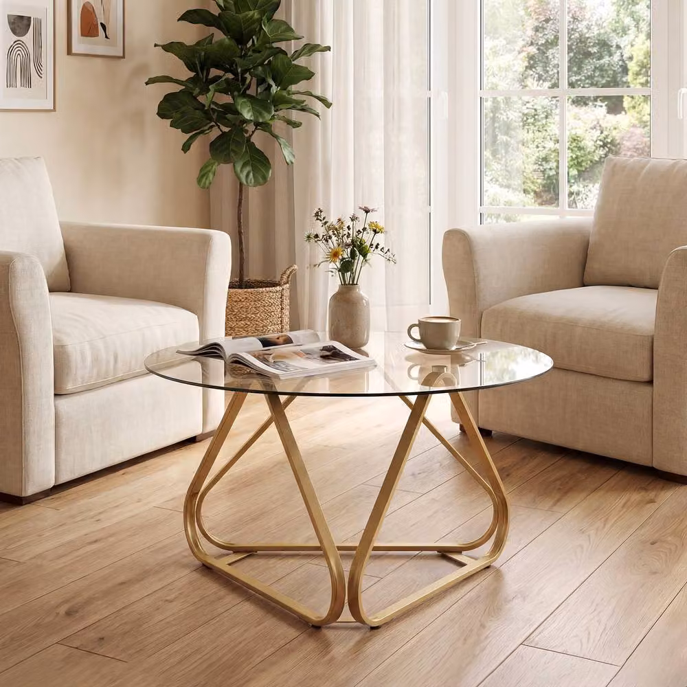 Costway Round Tempered Glass Coffee Table with Gold Metal Frame, Diameter: 80 cm, Height: 45 cm – 3