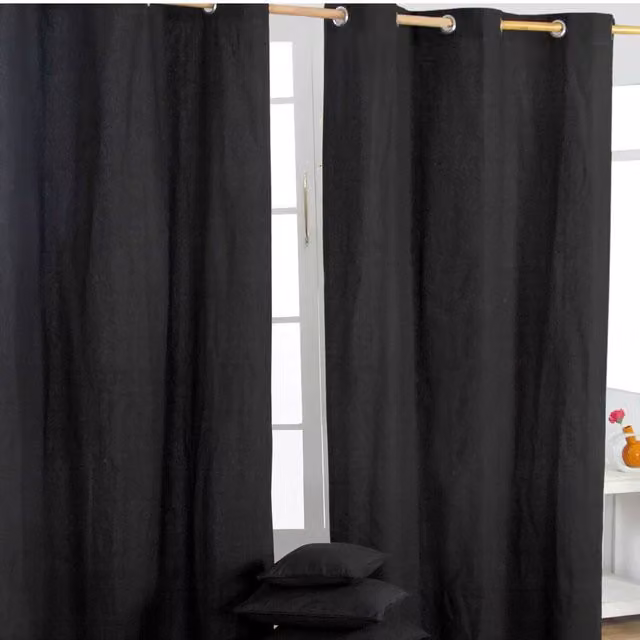 Homescapes Black Plain Cotton Eyelet Curtain Pair, Height: 182 cm