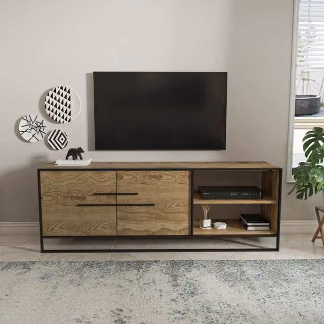 Decorotika Polka Industrial TV Unit in Oud and Black with Gold and Brown Accents