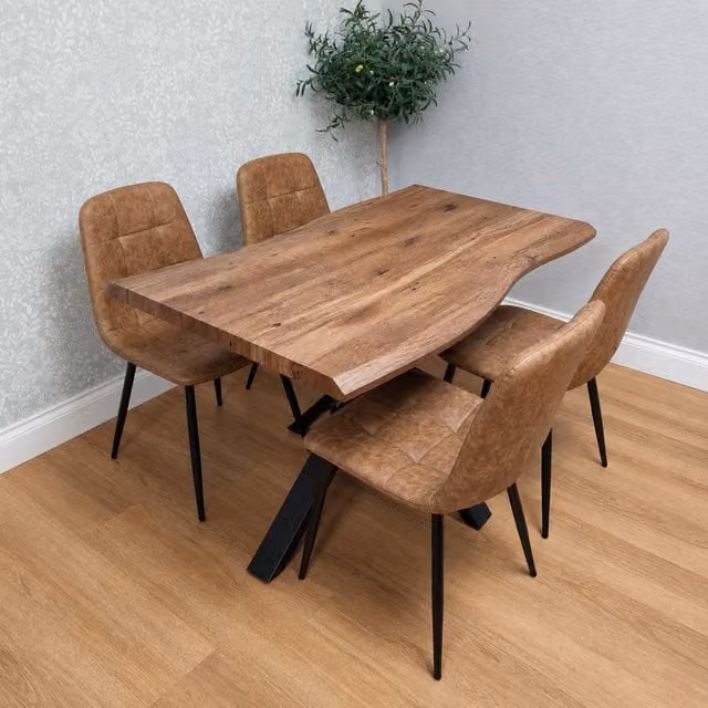 Kosy Koala 4 Seater Dining Set with Rectangular Rustic Brown Wooden Effect Table and 4 Black Faux Leather Chairs