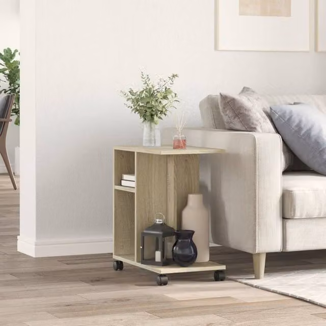 Berkfield Home Sonoma Oak Side Table with Castors in Beige, W/D/H: 50 x 30 x 55 cm