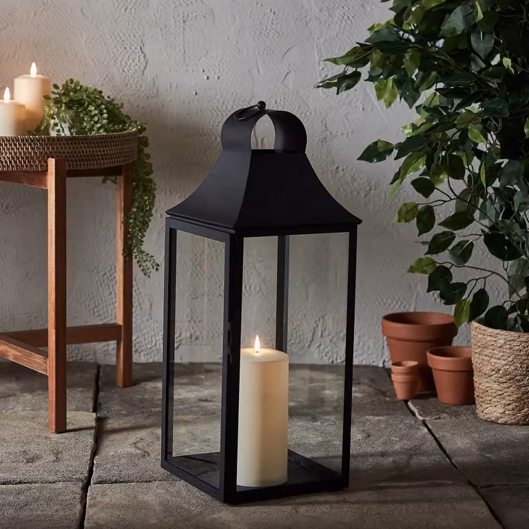 Albury Black Metal Garden Lantern with TruGlow Pillar Candle, Height: 59 cm