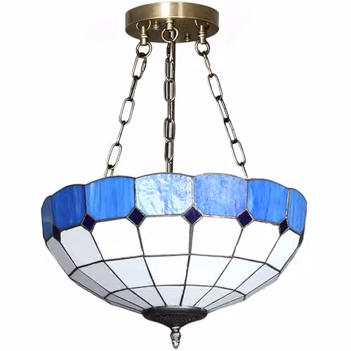 HOMCOM Vintage Tiffany Style Ceiling Light, Blue and White Glass Chandelier with Copper Finish, Diameter: 34 cm – 1