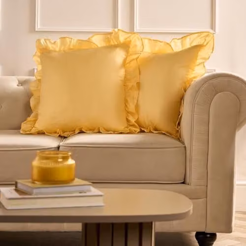 OHS Set of 2 Plain Faux Linen Frill Cushion Covers, Yellow, W/D/H: 45 x 45 x 45 cm – 3