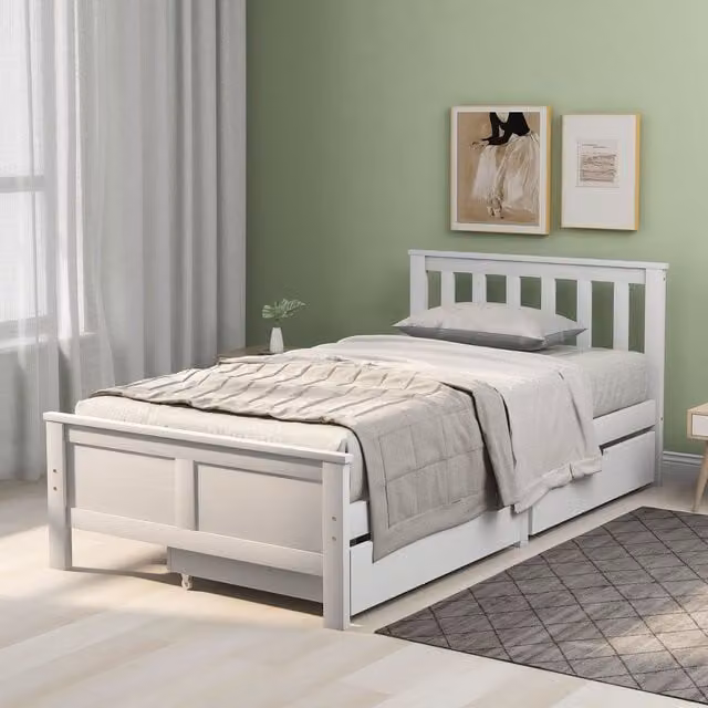 AKA White Solid Pine Single Storage Bed with Drawers, W/D/H: 90 x 190 x 196 cm