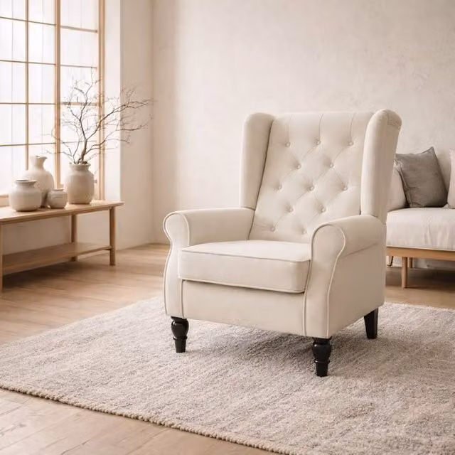 Wyld Haus Vipamo Wingback Accent Chair in Cream White with Button Tufted Fabric Upholstery and Solid Wood Frame – 1