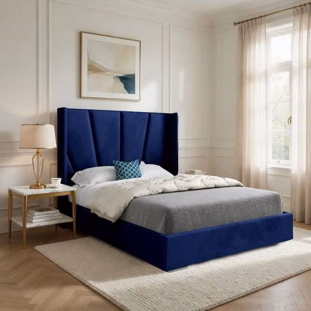 Casani Fairlight Upholstered Velvet Winged Bed Frame in Blue, Single, W/D/H: 90 x 190 cm