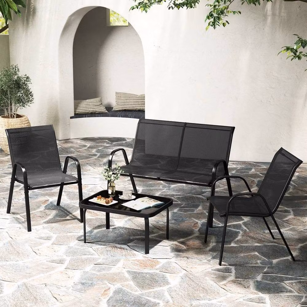 Hinsinc Black 4-Piece Metal and Glass Patio Table and Chairs Set – 3