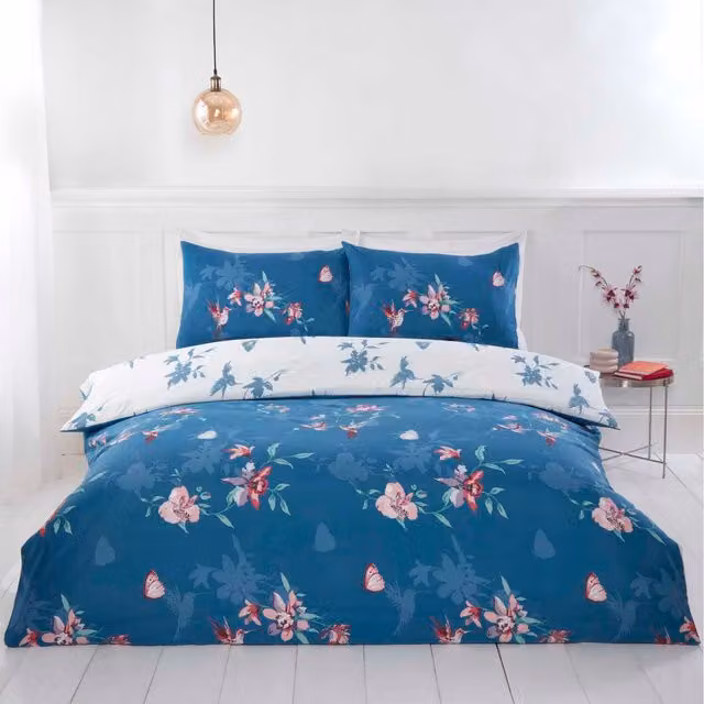 Rapport Home Hummingbird Reversible Floral Microfibre Polyester Duvet Set with Pillowcase in Blue and Green, W/D/H: 220 x 220 cm, Pillowcase: 50 x 75 cm