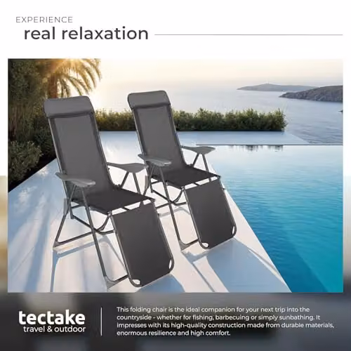 tectake Set of 2 Anthracite Sun Loungers with Adjustable Backrest, Footrest and Armrests featuring Powder Coated Aluminium Frames and Textilene Fabric – 4