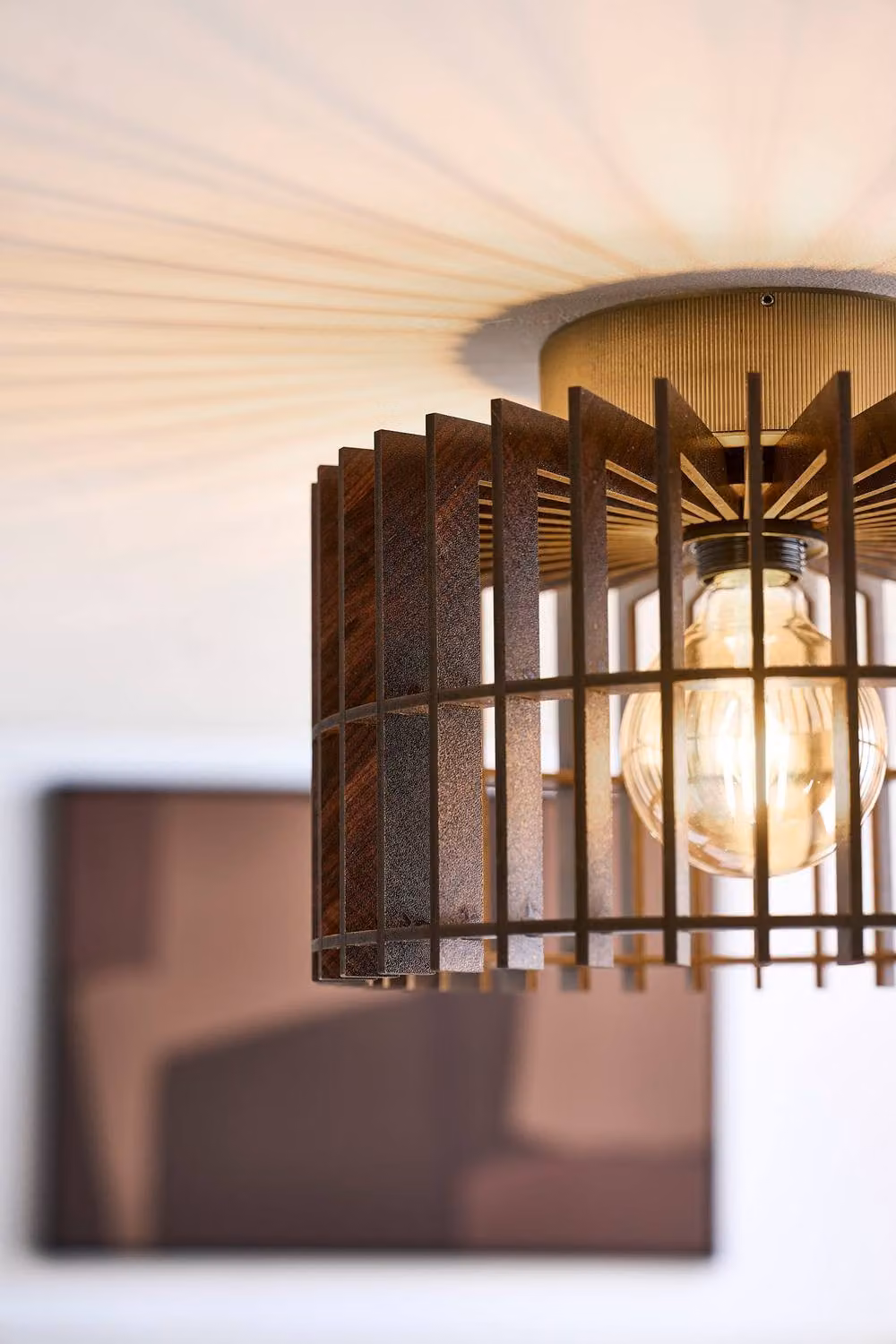 Industville Rift Slatted Wooden Drum Semi Flush Mount Ceiling Light in Gold and Brown – 4