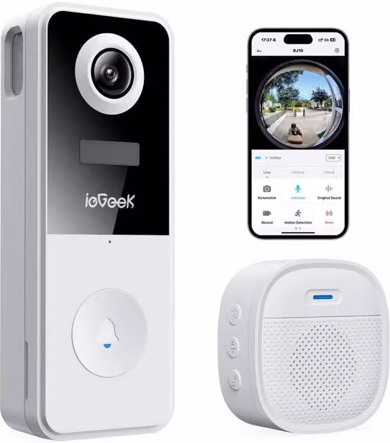 iegeek White 2K Wireless Video Doorbell with 180 Degree Fisheye Lens, IP65 Waterproof Rating and 2-Way Audio – 1