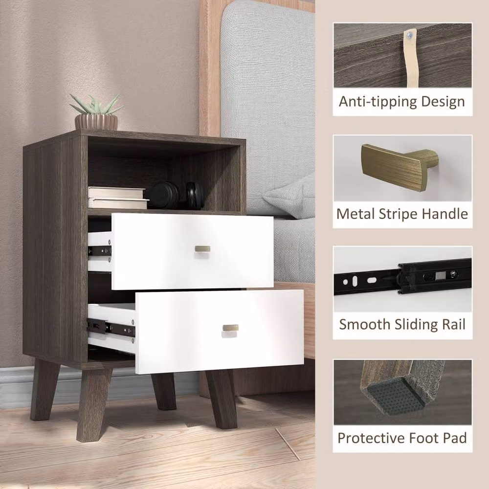Wyld Haus Cosana Scandinavian Bedside Table with Drawers and Open Shelf in Grey and White – 6