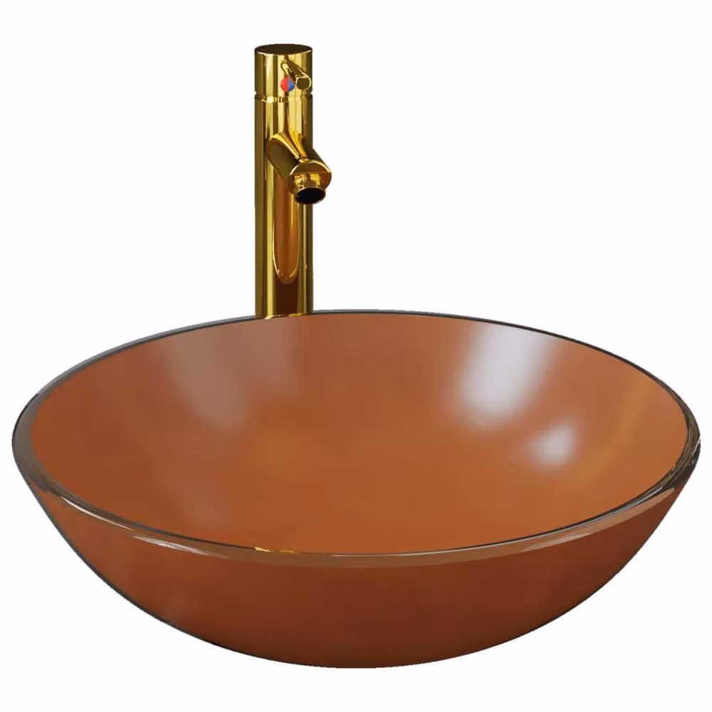 Berkfield Home Round Brown Tempered Glass Countertop Bathroom Sink with Gold Tap and Push Drain – 2