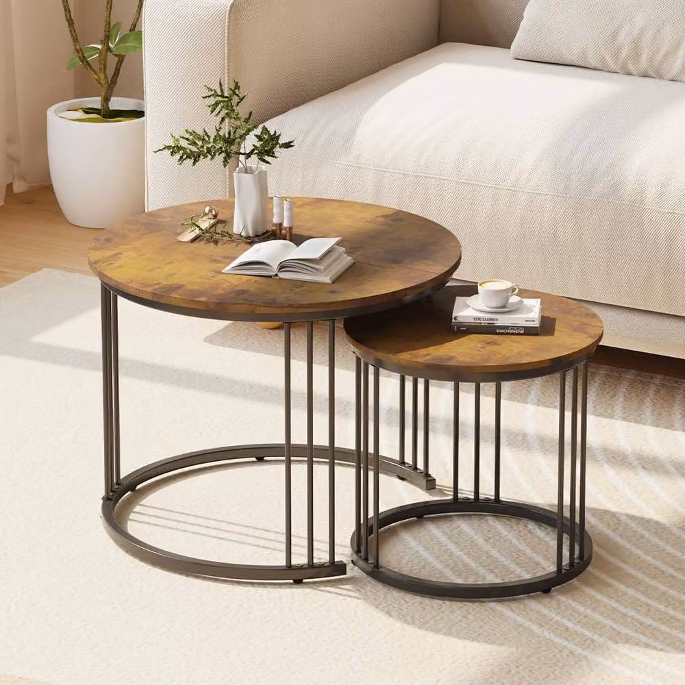 Huhote Set of 2 Round Nesting Coffee and Side Tables with Brown Wood Tops and Metal Frames – 2
