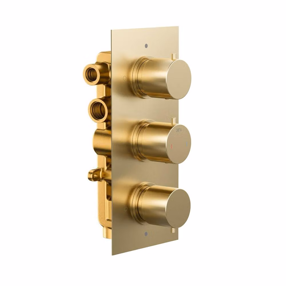 Nes Home 3 Dial 3 Way Concealed Thermostatic Mixer Shower Valve in Brushed Brass Gold, W: 29.6 cm, H: 25.3 cm – 2