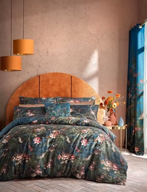 Graham & Brown Night Garden Floral Mako Satin Cotton Bedding Set, Blue and Multicolour, W: 200 cm x H: 220 cm