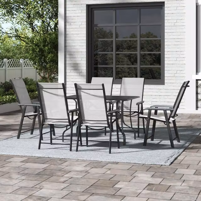 Breeins Modern Black Metal Slatted Coffee Table Set with Parasol Hole and 6 Chairs
