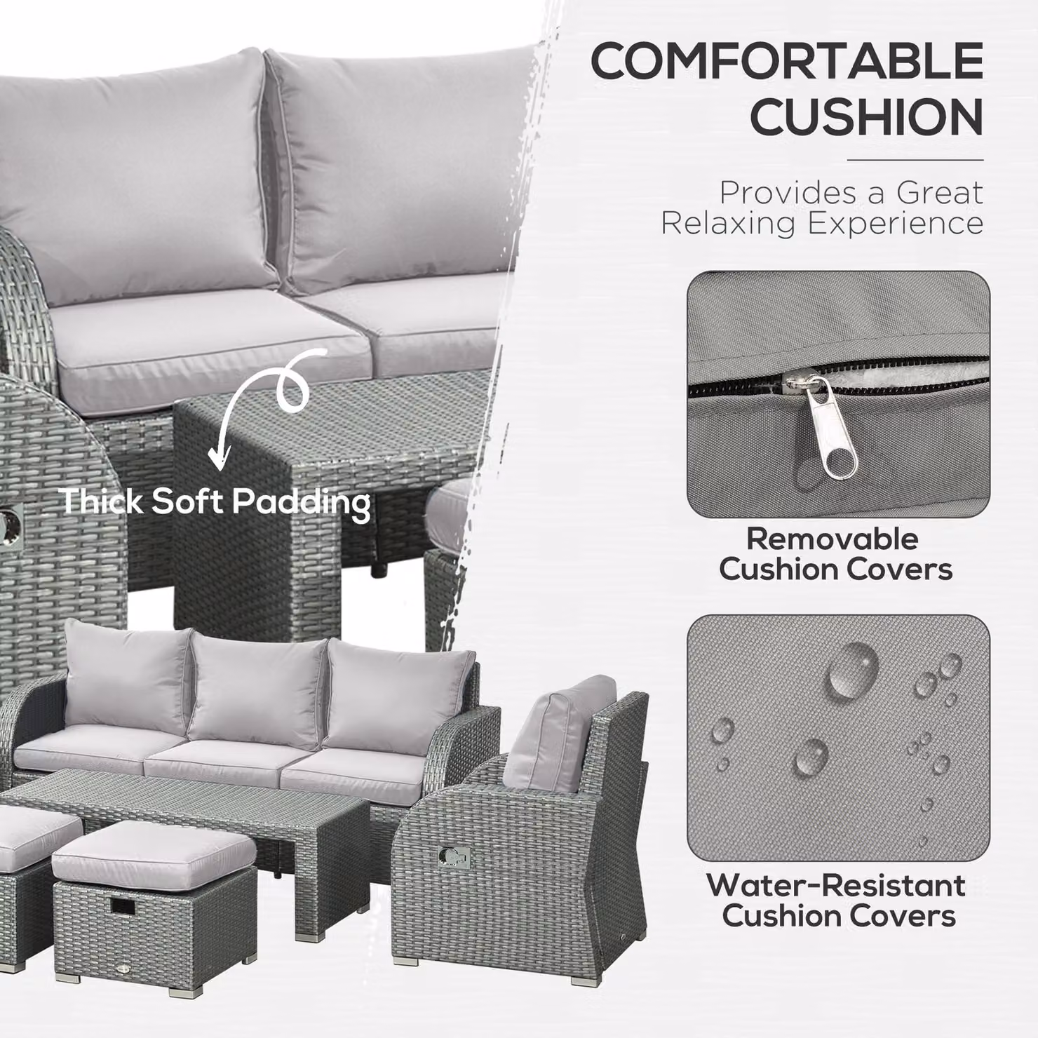 Outsunny 7-Seater Rattan Patio Furniture Set in Light Grey with Coffee Table, Footstool and Reclining Chairs – 5
