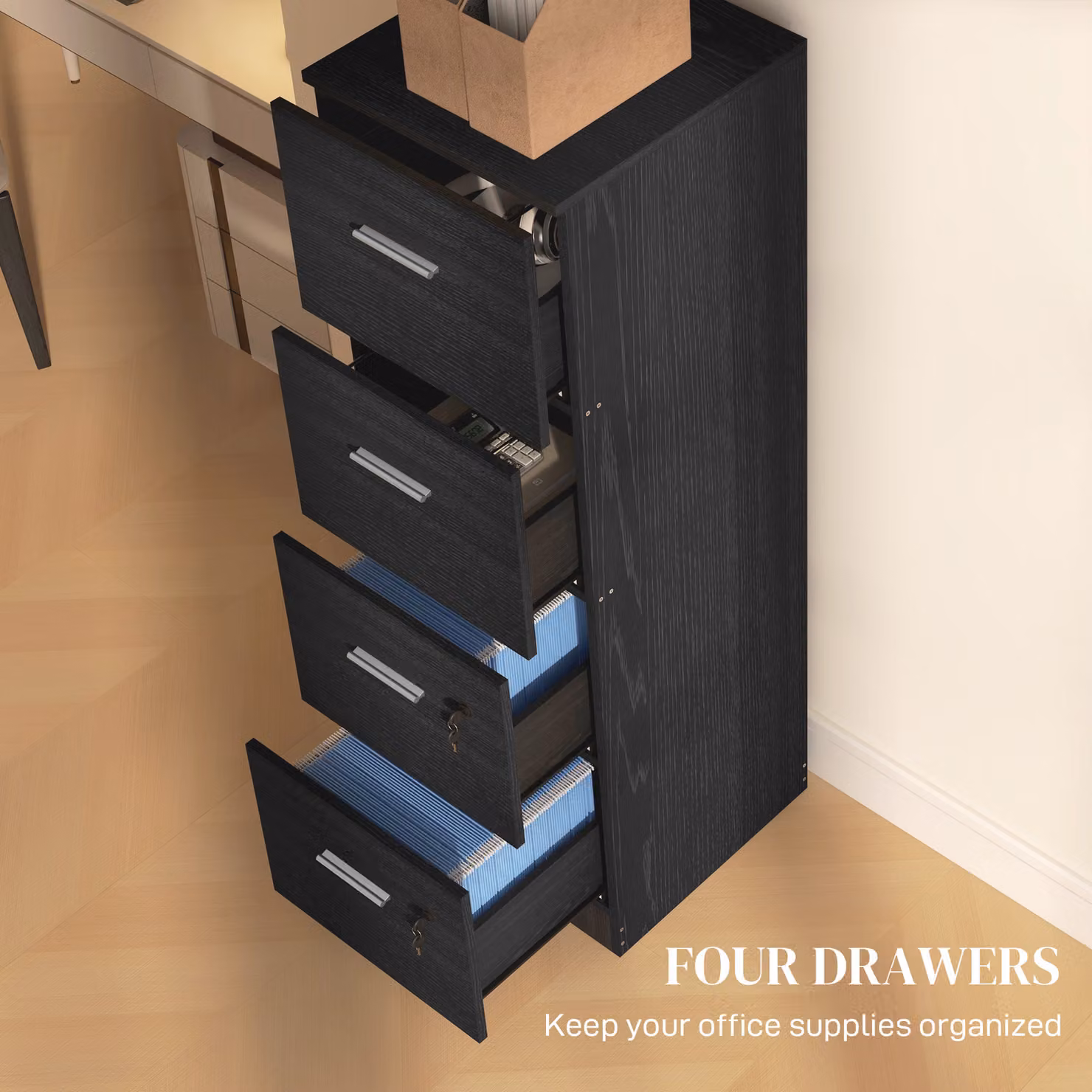HOMCOM Black Tall Filing Cabinet with 4 Lockable Drawers and Adjustable Hanging Bar for A4 and Letter Size Documents – 3