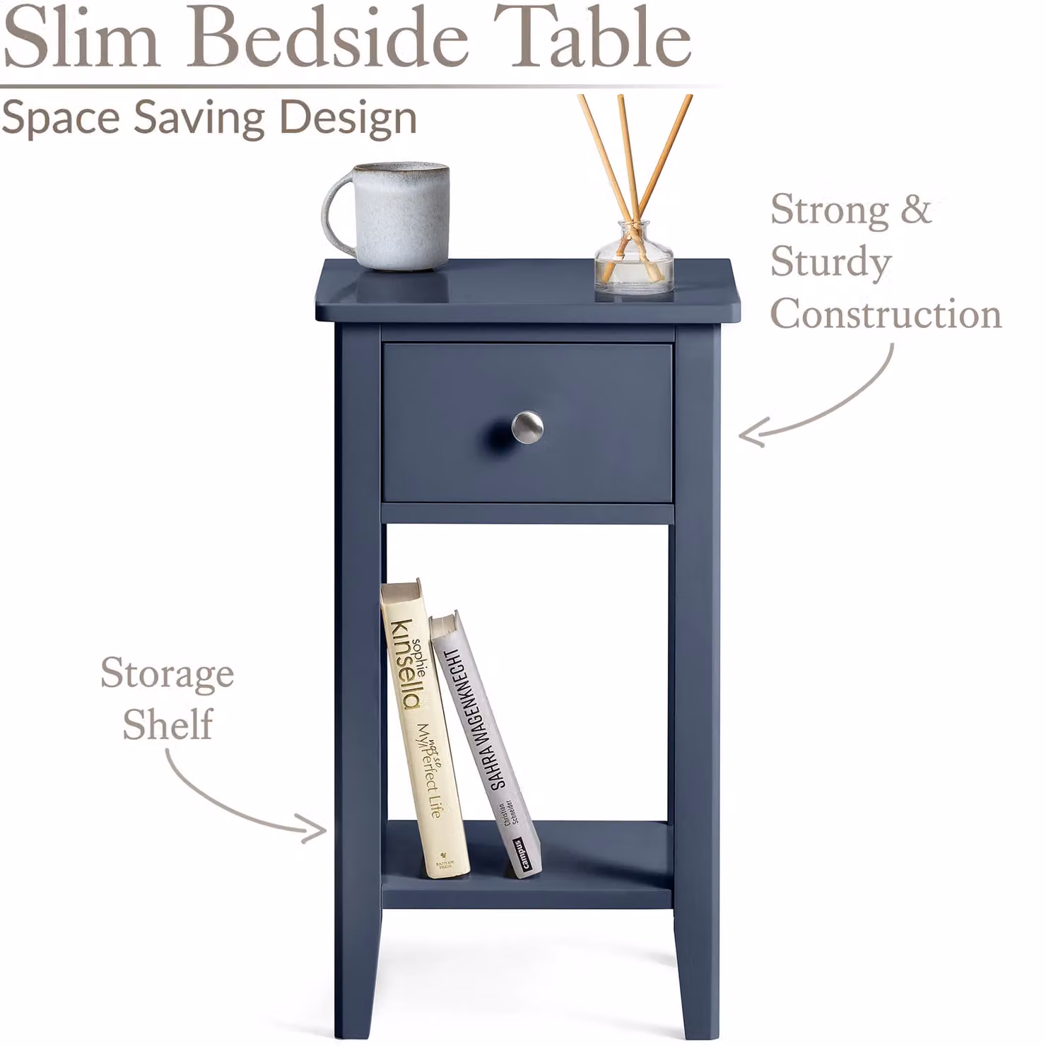 Christow Navy Bedside Table Slim Bedroom Nightstand Cabinet with 1 Drawer and Storage Shelf – 2