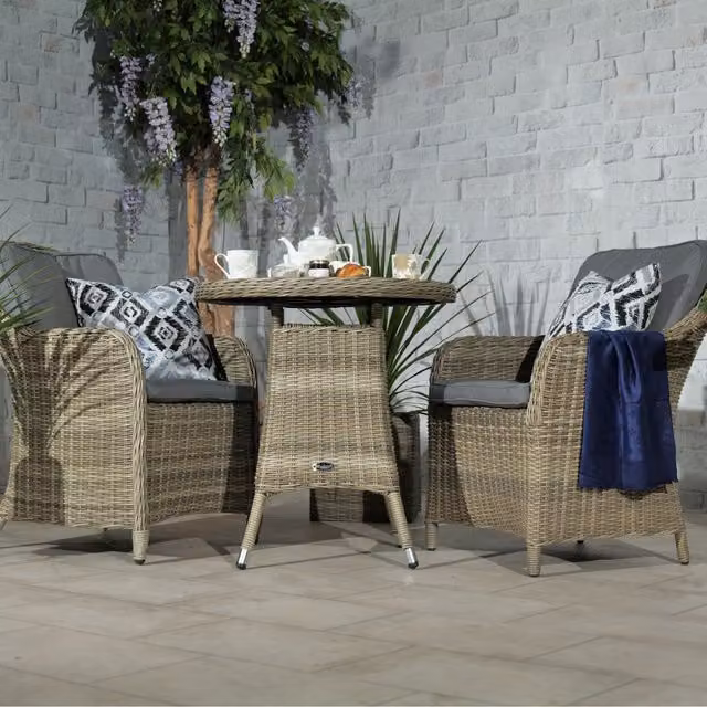 Royalcraft Classic 3 Piece Bistro Set in Beige Rattan and Aluminium with Glass Top