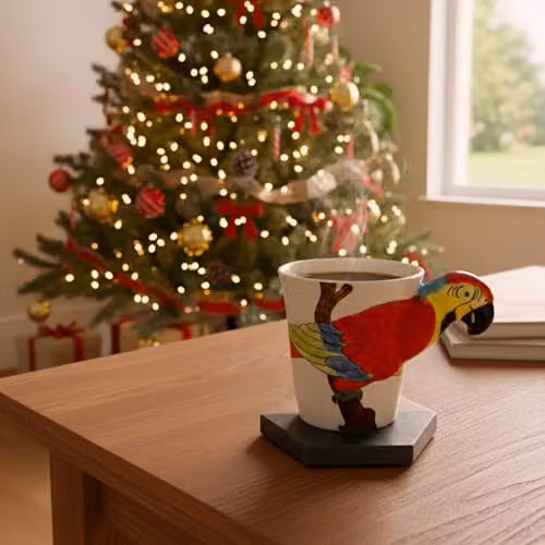 Handmade Ceramic Parrot Design Mug in White and Multicolour with 3D Handle – 7