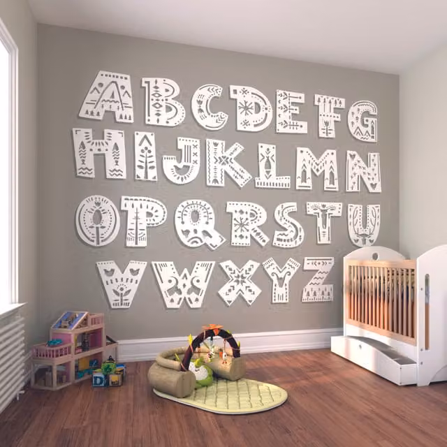 Origin Murals Alphabet Patterns Wall Mural in Yellow and White for Children