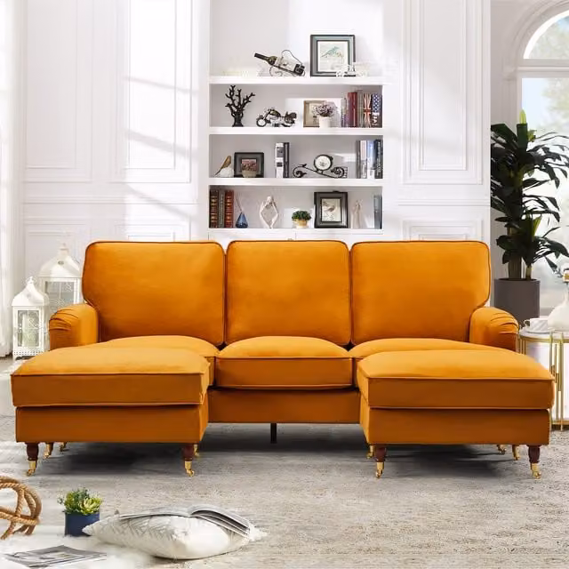 Artemis Home Woodbury U-Shaped Velvet Fabric Corner Sofa in Orange with Matching Ottoman, Width: 218 cm
