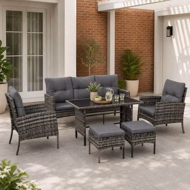 STILVORA 5-Seater Grey Sofa with Glass-Top Table and Metal Rattan Details – 1