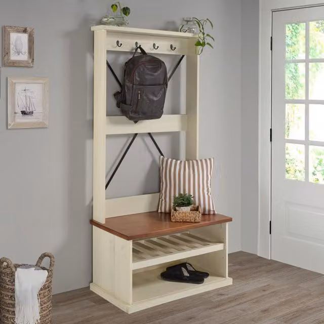 Mercers Furniture Cottage Hall Tree with Bench and Coat Hooks in White Lacquered Pine