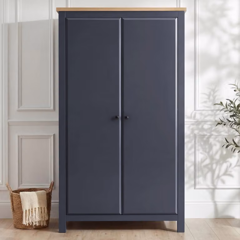 DHS Blue Lacquered Oak 2 Door Double Wardrobe with Internal Shelves and Hanging Rod, H 186 x W 98 x D 56 cm