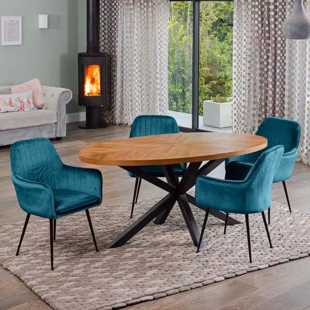 Artemis Home Dosenna Oval Dining Table Set with 4 Petrol Velvet Chairs