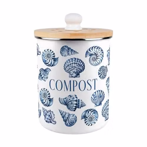 Purely Home Blue Seashells Compost Caddy - Enamel Metal Kitchen Food Waste Bin with Removable Inner Bucket and Odour Filter, 2L – 1