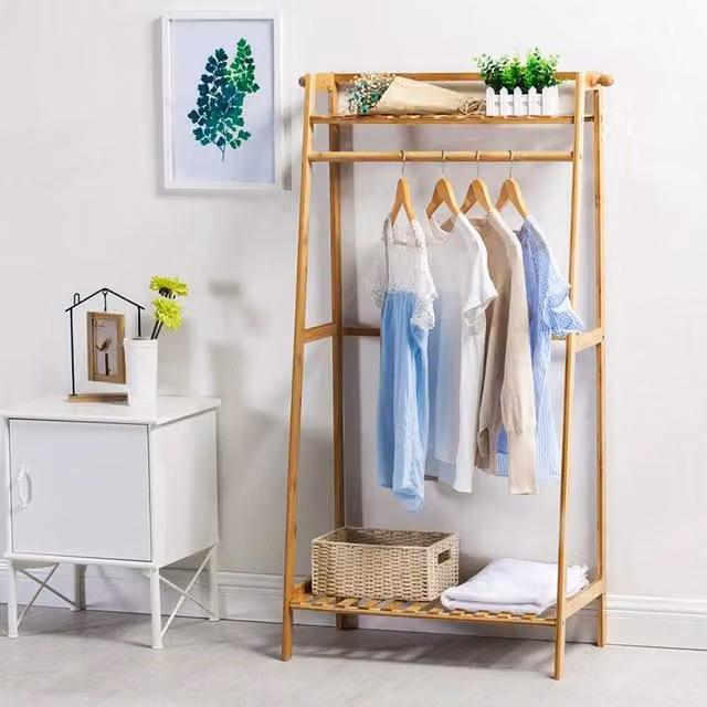 KORVIXA Bamboo Wood Clothes Rail Rack in Brown, W/D/H: 100 x 50 x 50 cm – 1