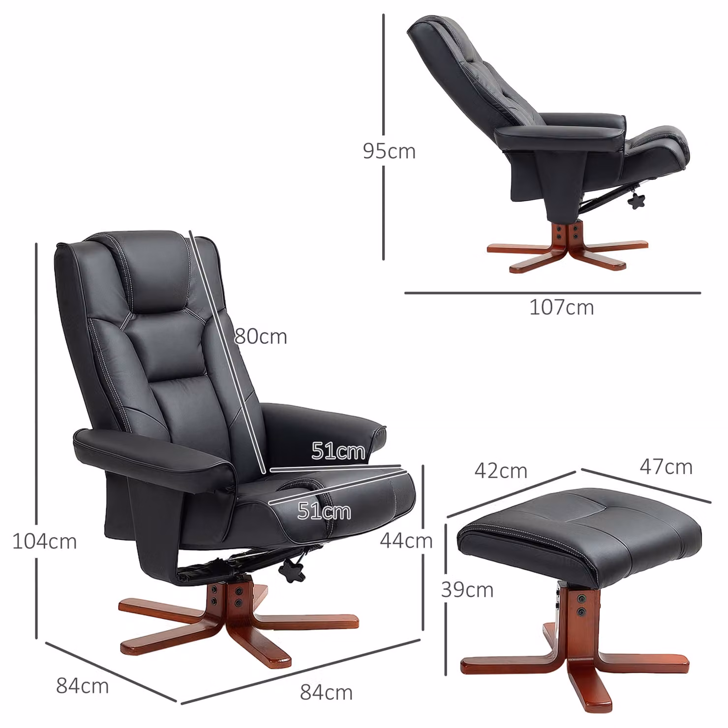 HOMCOM Black Synthetic Leather Recliner Chair with Ottoman, High Back, Armrests and Rocking Function – 3