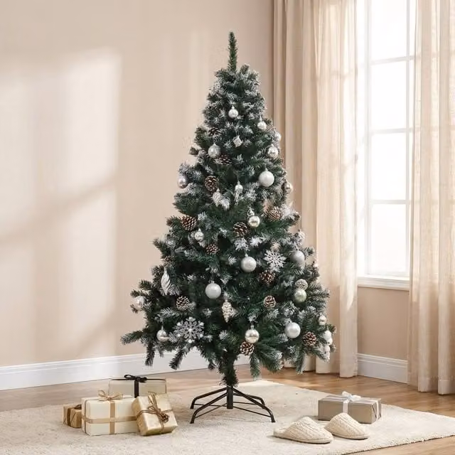 STILVORA Snow-Flocked Green Christmas Tree with Pine Cones