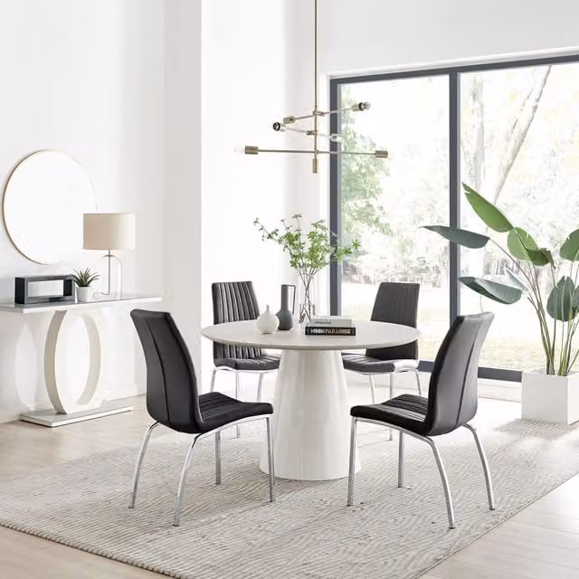 Furniturebox Palma Beige Stone Effect Round Dining Table and 4 Black Isco Chairs