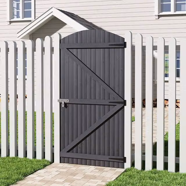 Livingandhome Grey Semi Braced Arch Top Wooden Garden Swing Gate, W: 90 cm, H: 180 cm