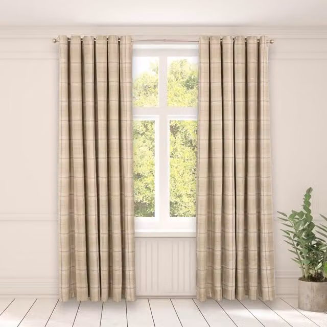 OHS Pair of Woven Check Eyelet Curtains in Green and Beige, Width: 228 cm, Drop: 228 cm – 1